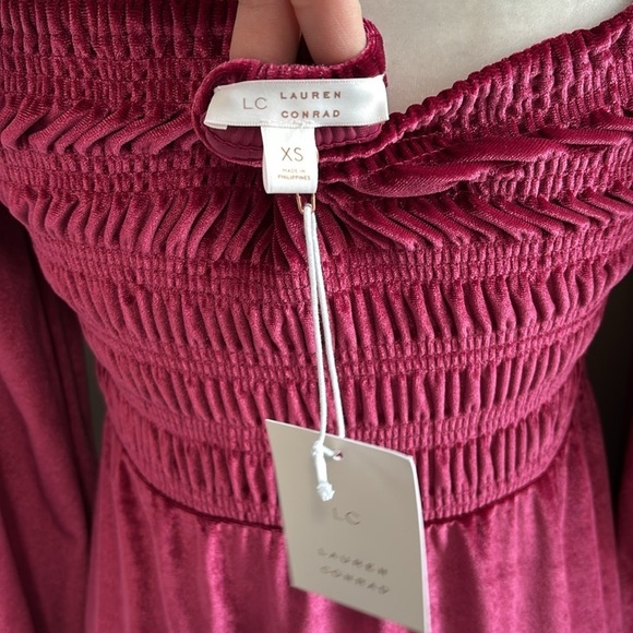 LC Lauren Conrad Smocked Velvet Long Sleeve Mini Dress Wine Chalet Red Pink NWT - Picture 10 of 11